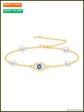 14K Solid Gold Evil Eye Bracelet Adjustable 8.5" Women's Fine Jewelry